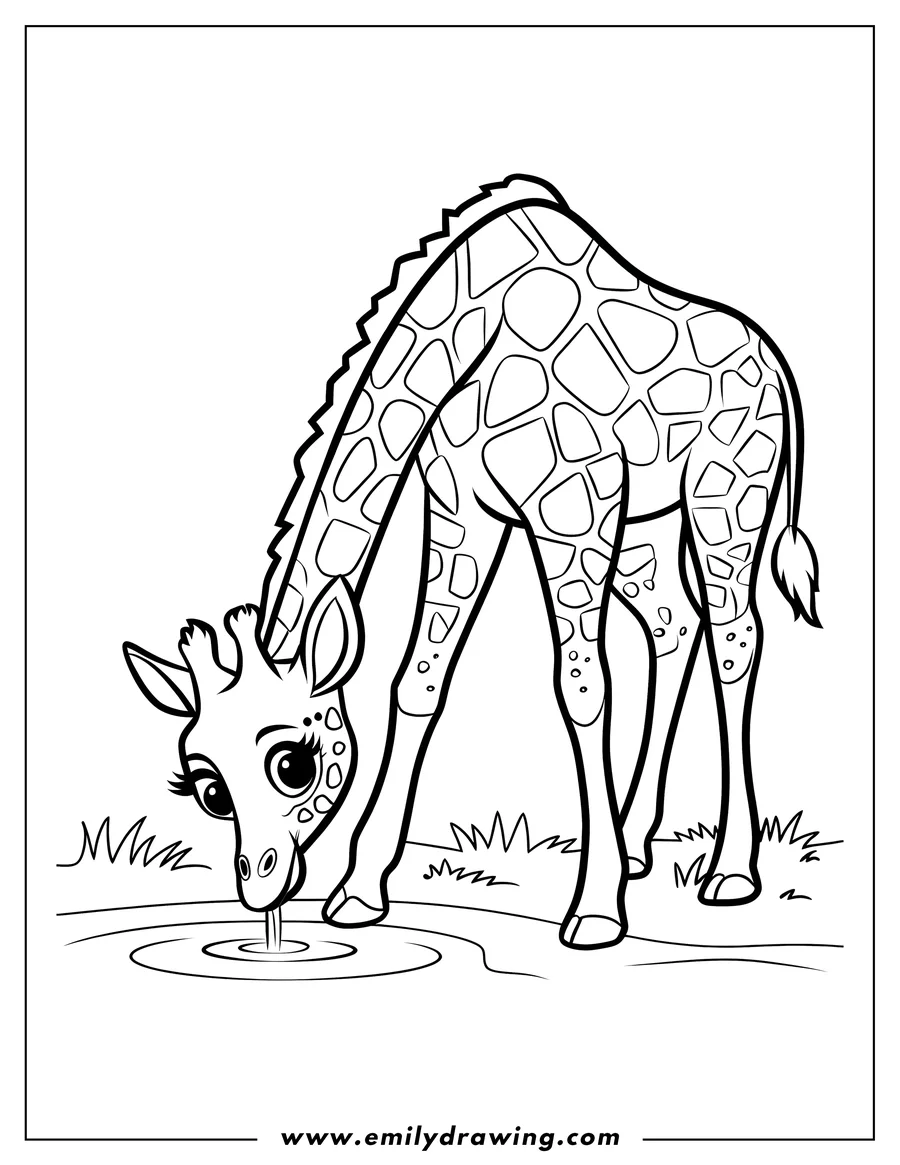 Outline of a giraffe drinking water from a small pond.