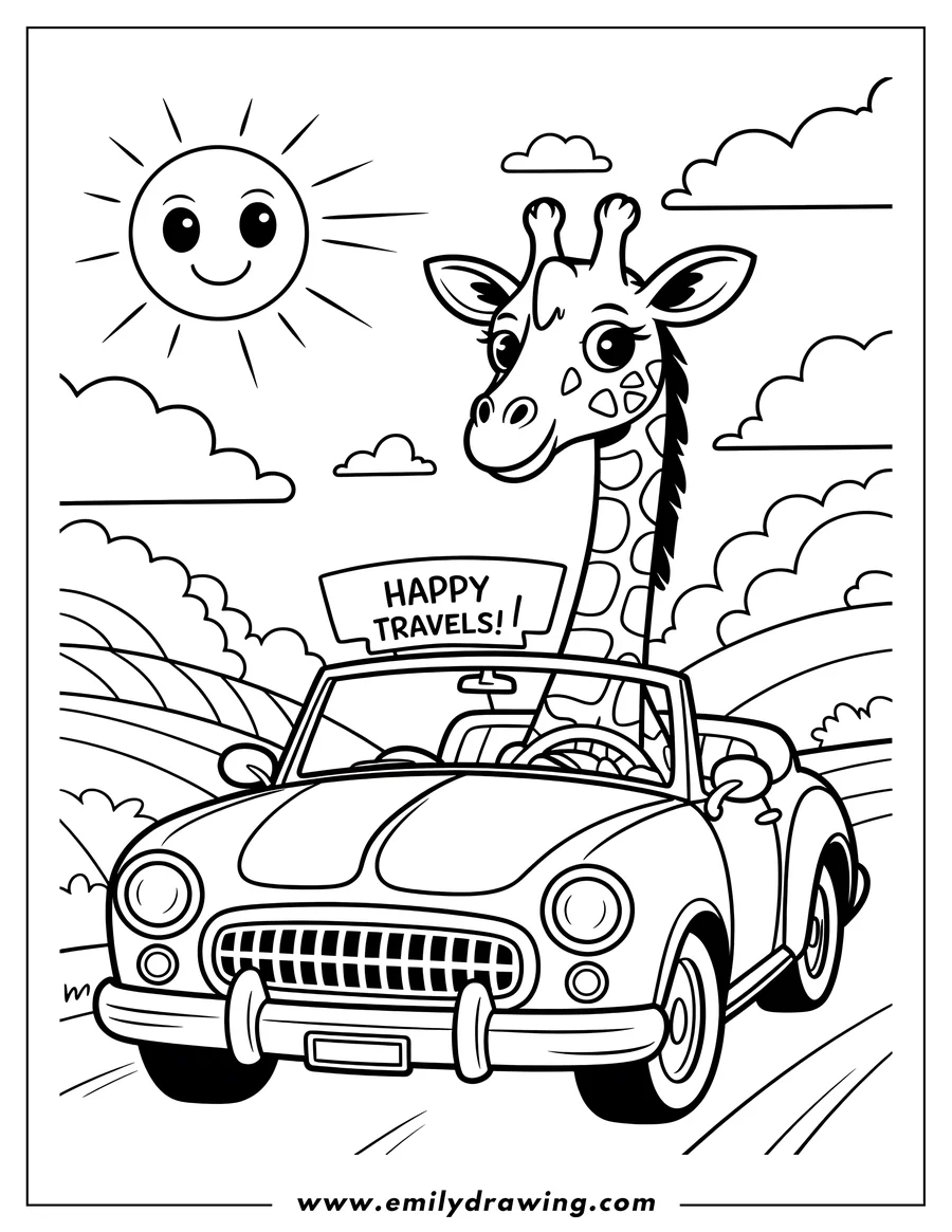 Line art of a giraffe driving a convertible car with a 'Happy Travels' sign.  The sun is shining and there are hills and clouds in the background.