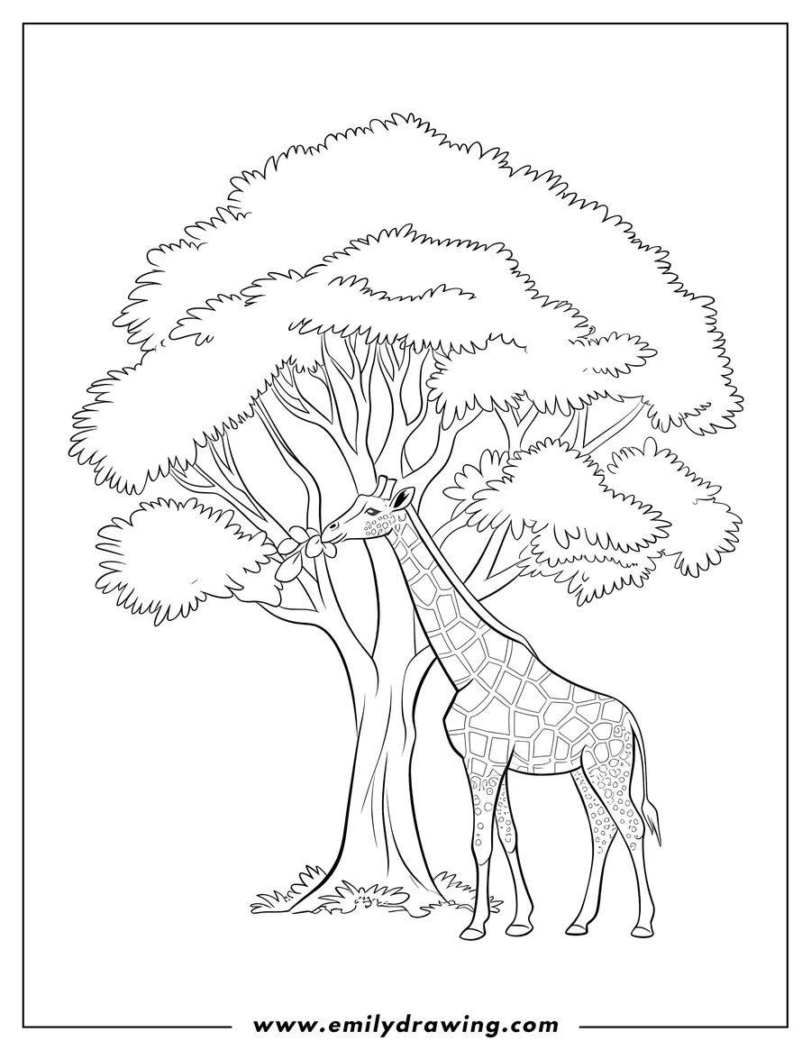 Outline of a giraffe eating leaves from a tree.