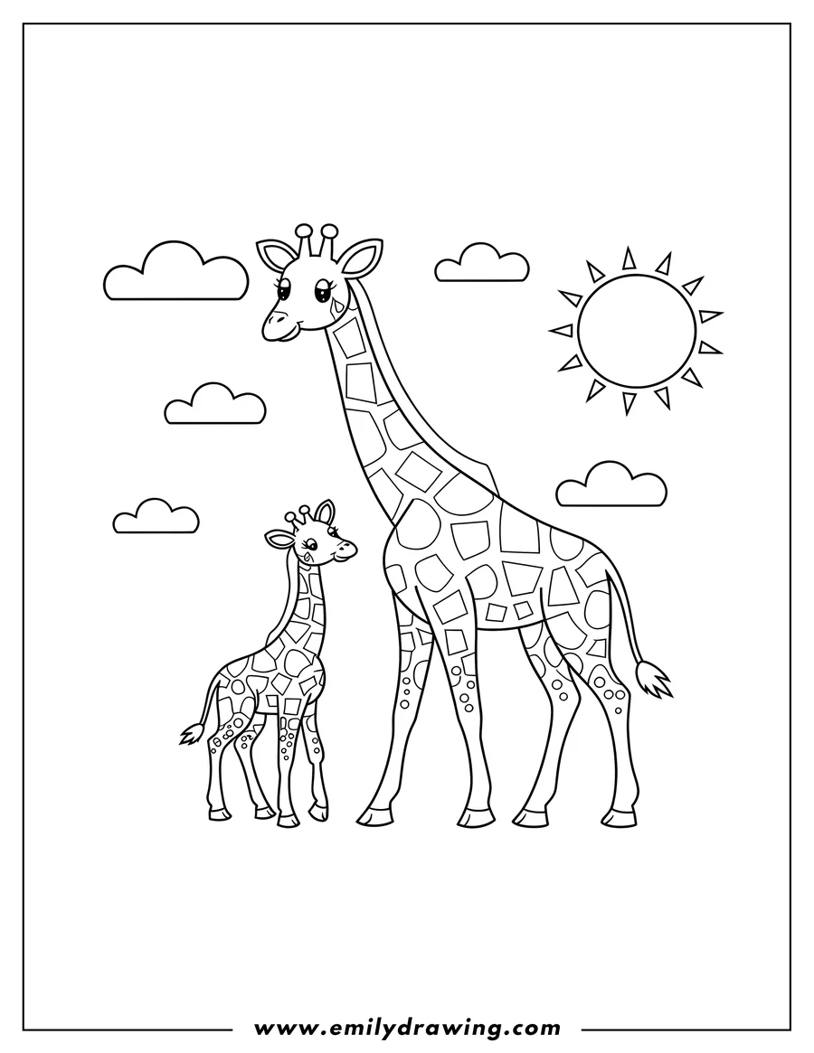 Outline of a mother giraffe and her calf standing together under a bright sun and fluffy clouds.