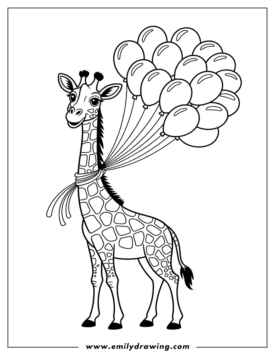 Outline of a giraffe holding a bunch of balloons tied to its neck.