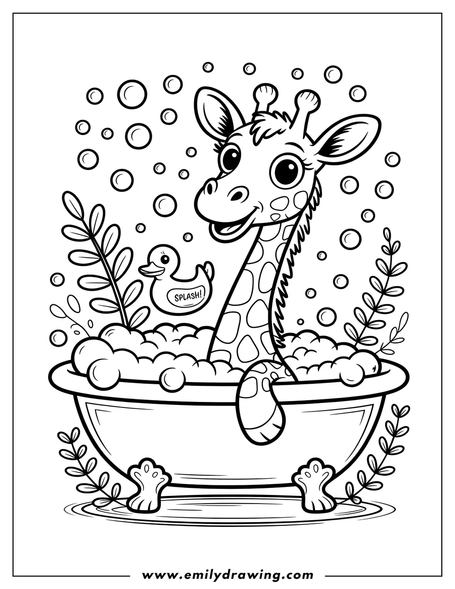Line art of a giraffe taking a bath in a clawfoot tub with a rubber duck and bubbles.
