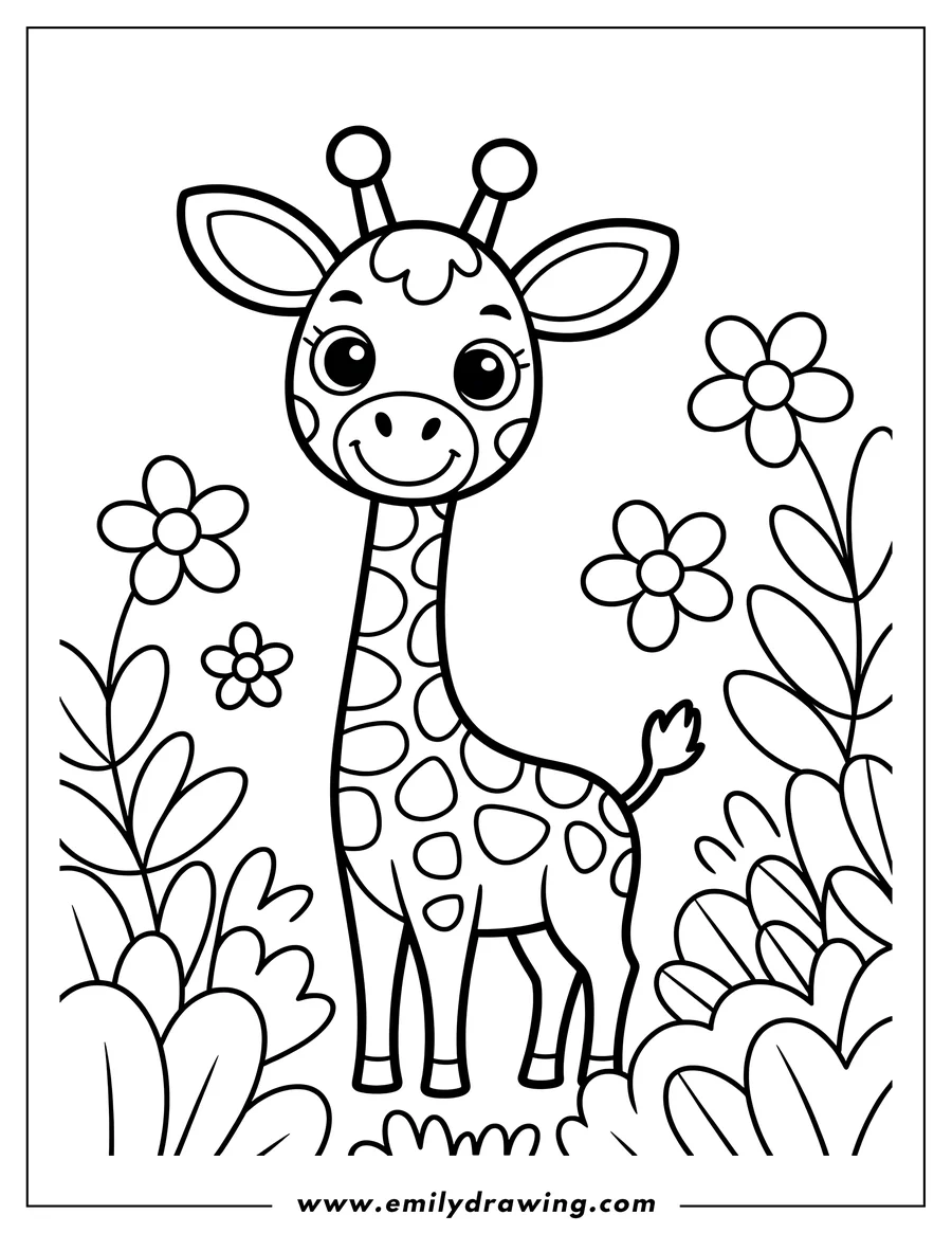 Outline of a giraffe standing amongst stylized flowers and leaves.