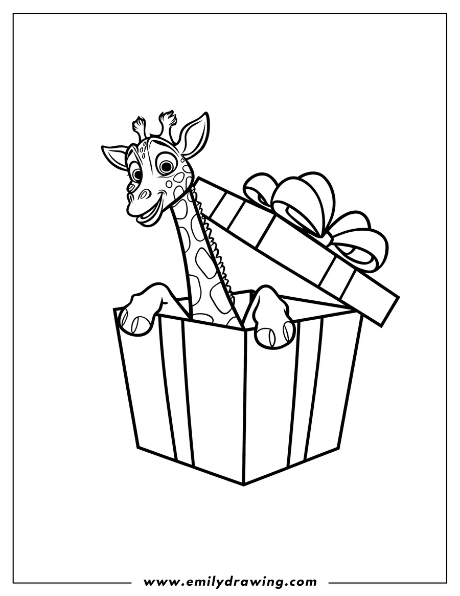 Outline of a friendly giraffe popping out of a gift box tied with a ribbon.