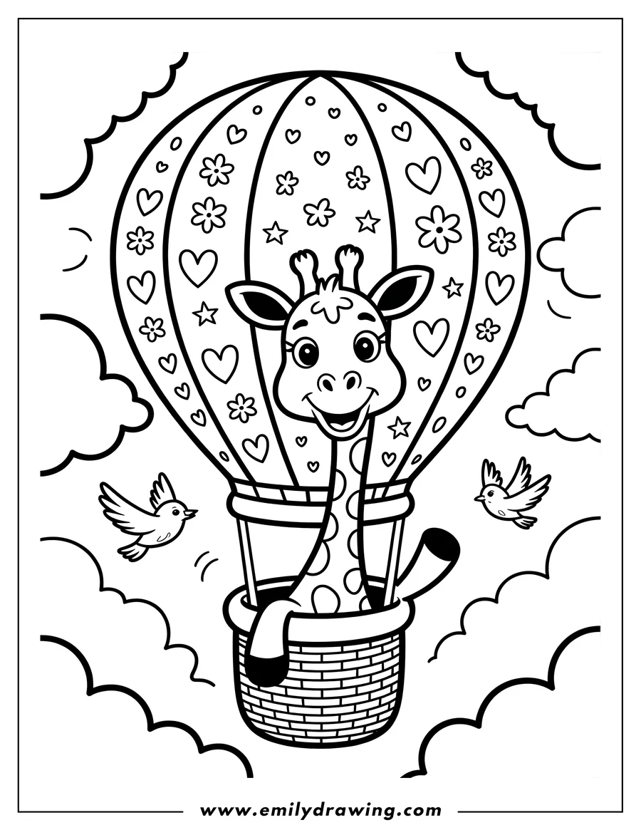 Outline of a giraffe riding in a hot air balloon decorated with hearts and flowers, soaring above the clouds with birds nearby.