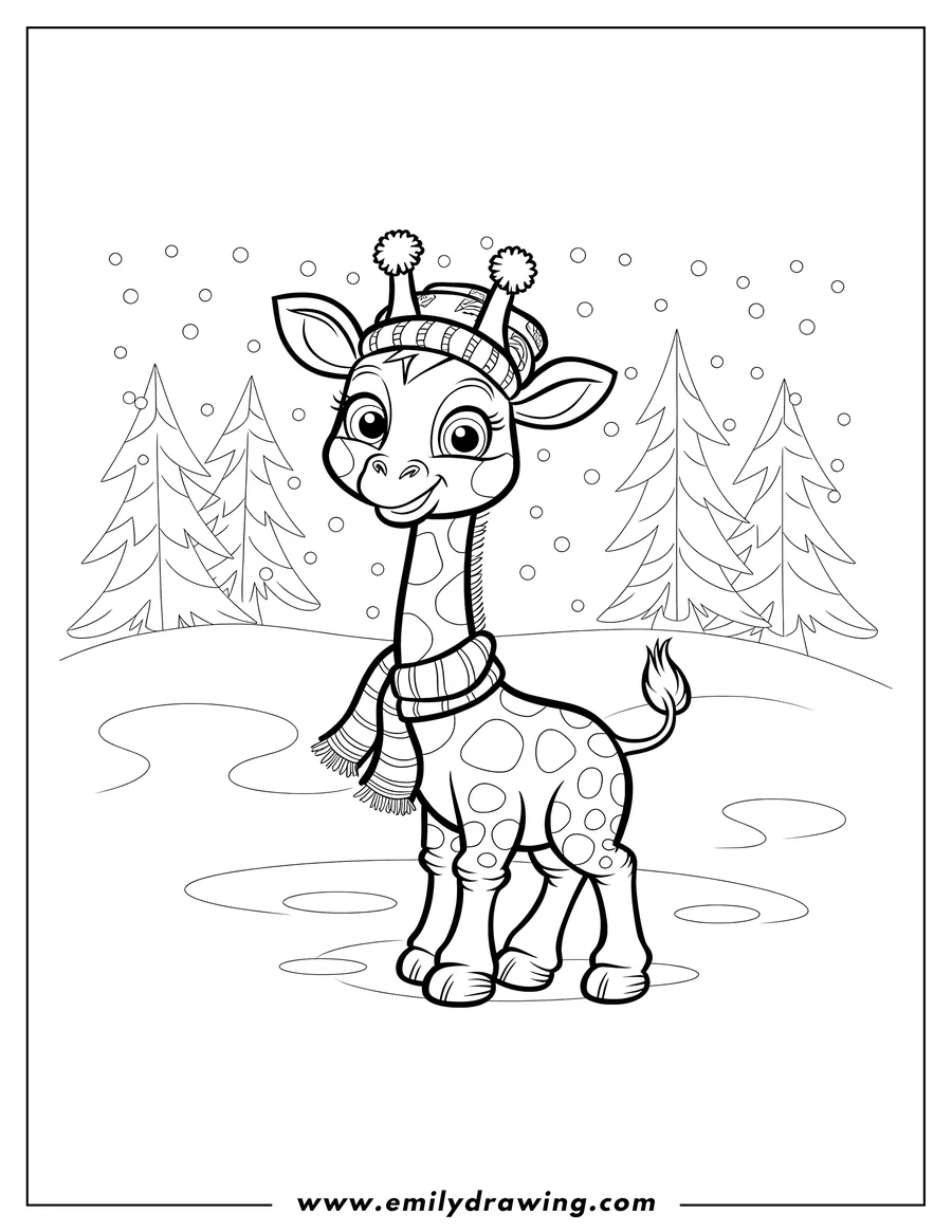 Line art of a giraffe wearing a winter hat and scarf, standing in a snowy landscape with pine trees.