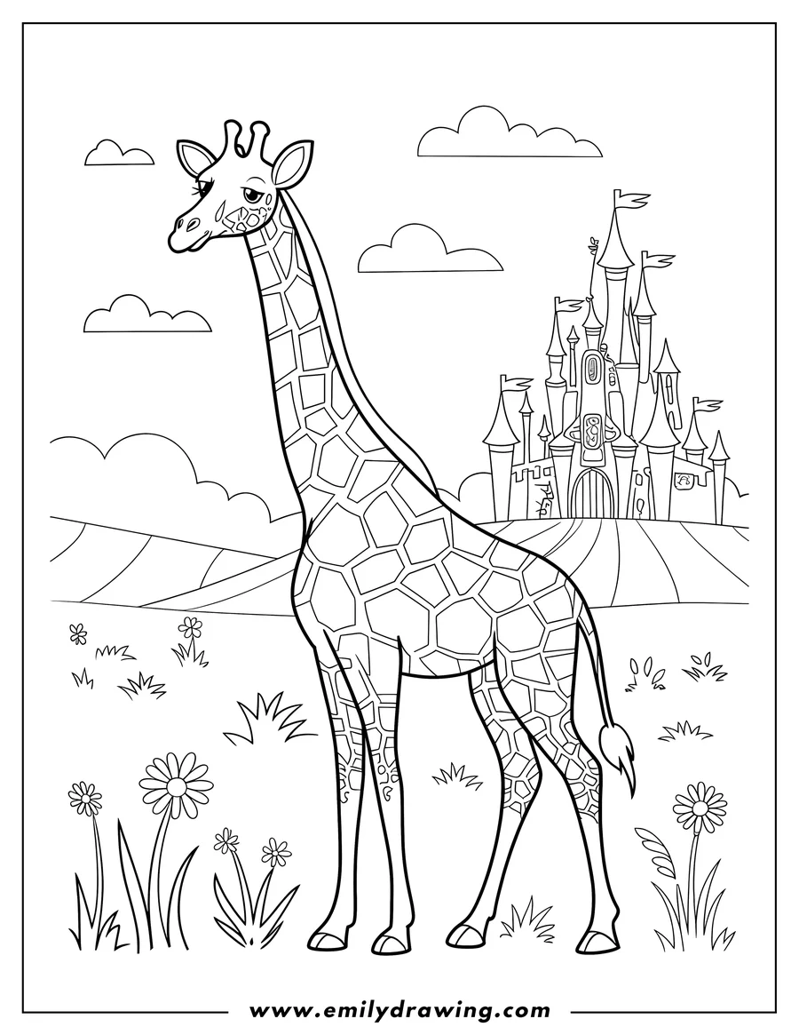 Outline of a giraffe standing in a field of flowers, with a castle in the background.