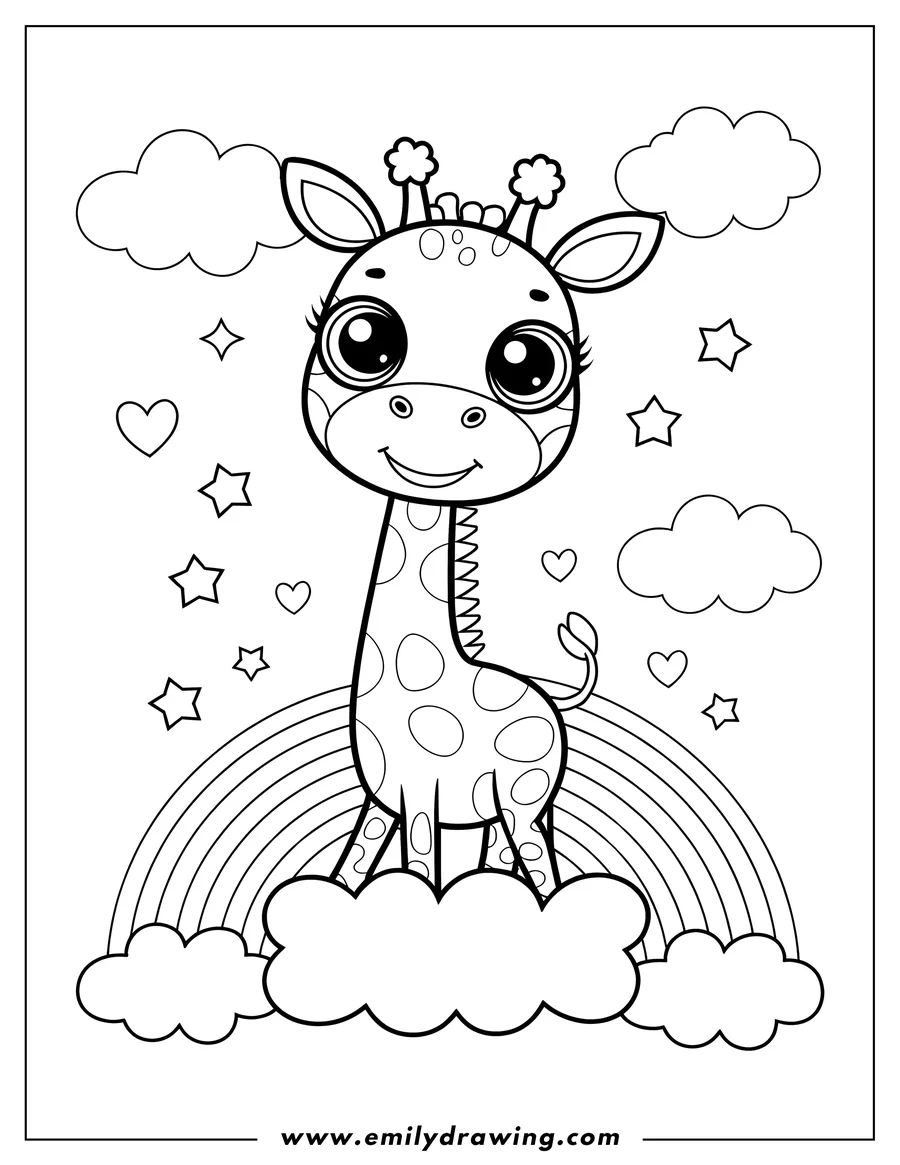 Outline of a cute, big-eyed giraffe standing on a cloud with a rainbow behind it, decorated with stars and hearts.