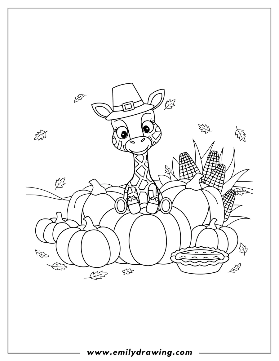 Outline of a baby giraffe wearing a pilgrim hat, sitting on a pile of pumpkins with corn stalks and a pie nearby, surrounded by falling autumn leaves.