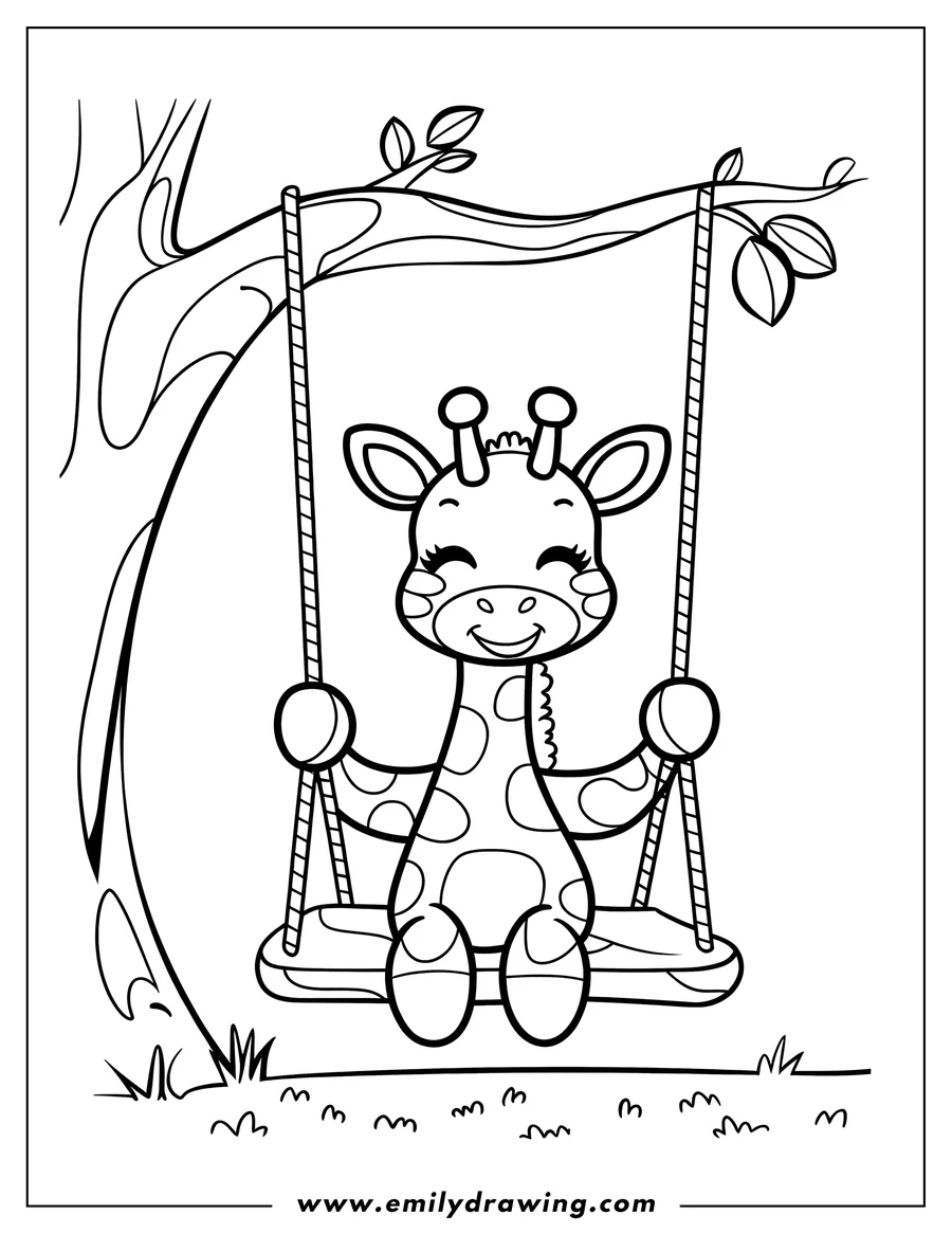 Outline of a smiling giraffe sitting on a swing hanging from a tree branch.