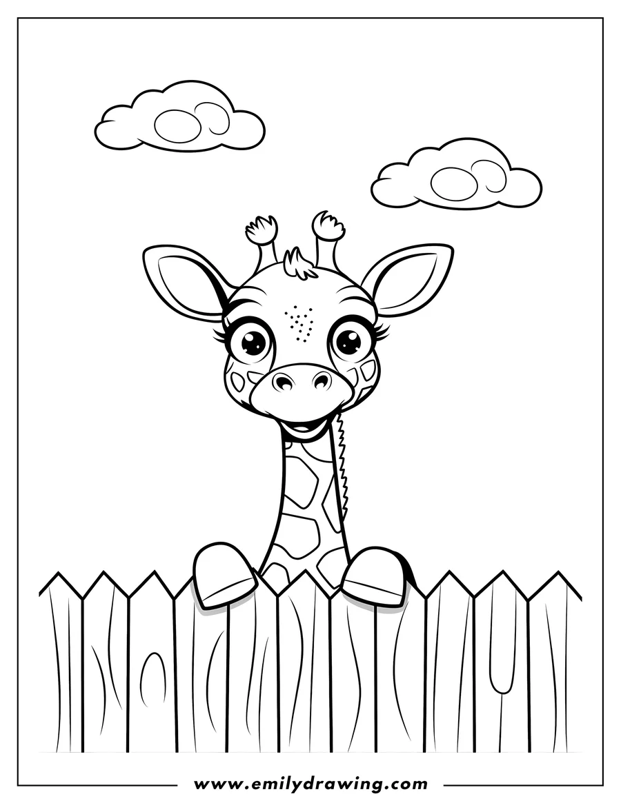 Outline of a friendly giraffe peeking over a wooden fence. It has big, curious eyes and a happy expression.