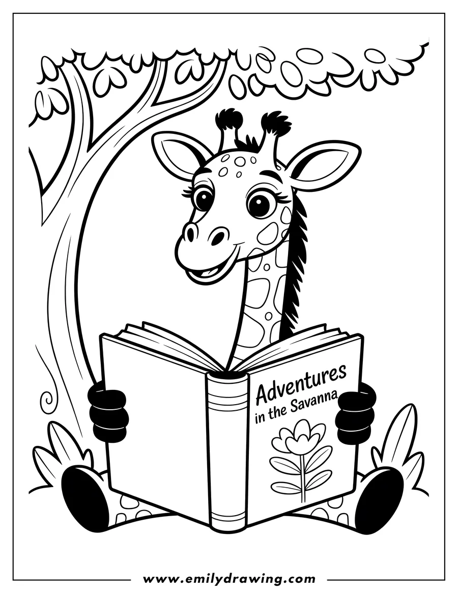 Outline of a giraffe sitting under a tree reading a book titled 'Adventures in the Savanna'.