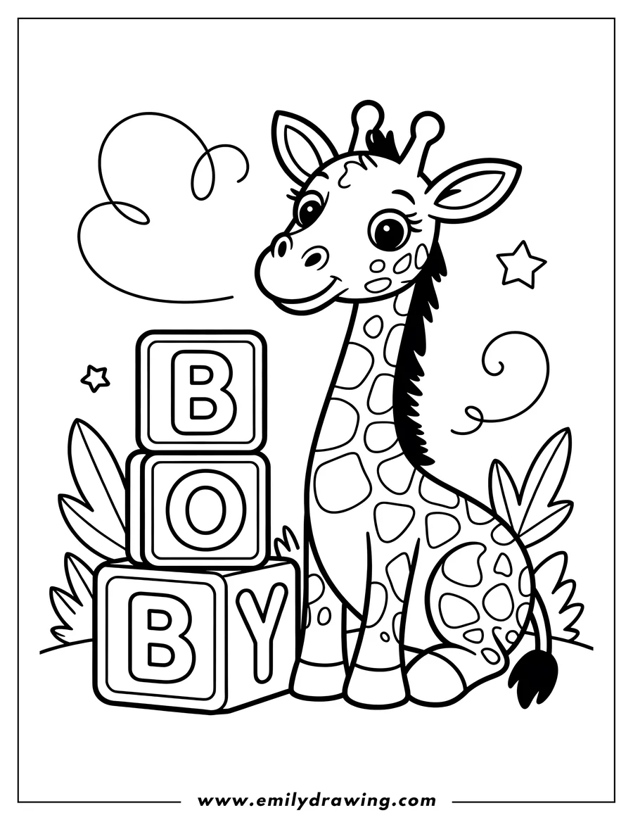 Line art of a baby giraffe sitting next to blocks spelling BOY, surrounded by stars and leaves.