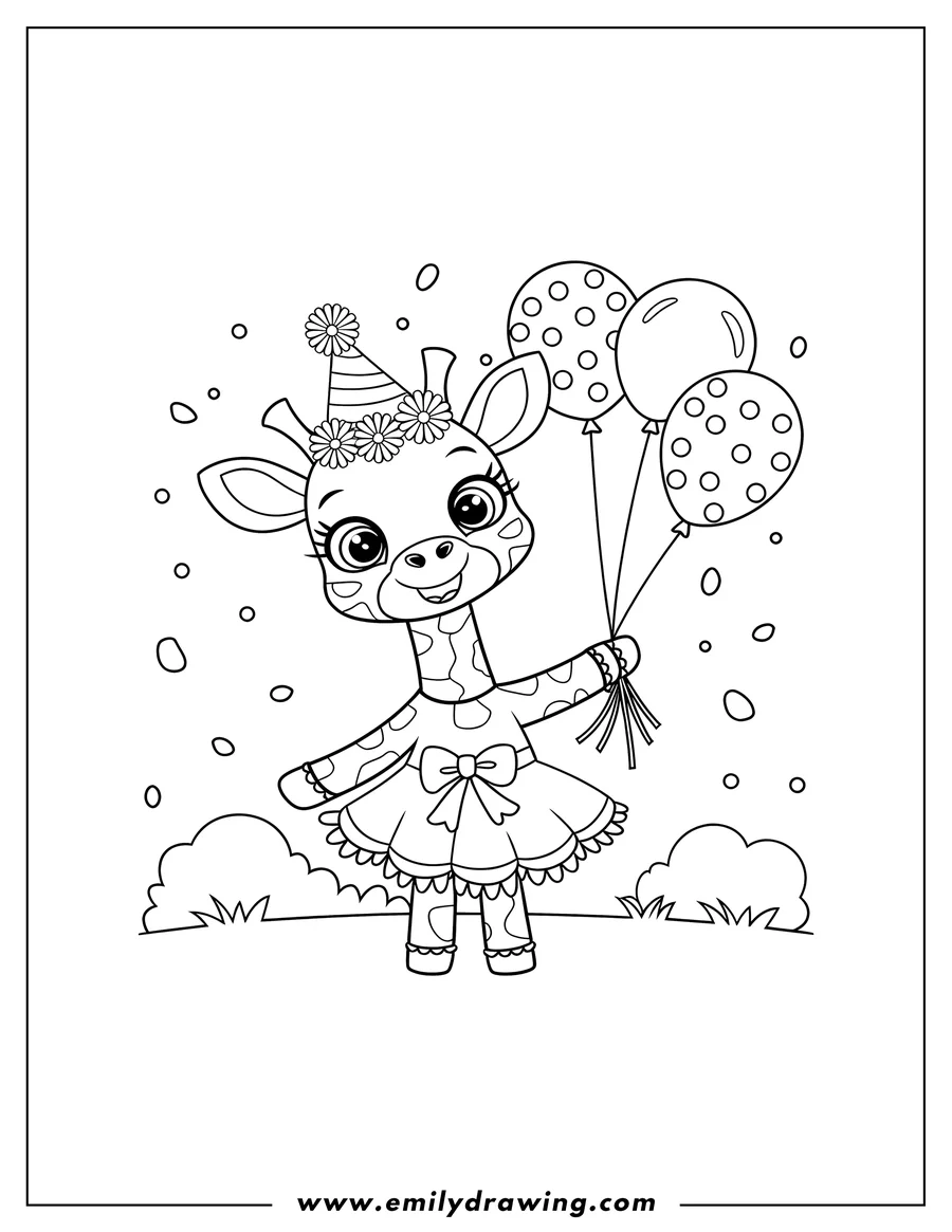 Outline of a cheerful giraffe wearing a party hat and holding a bunch of balloons. She's wearing a dress with a bow.