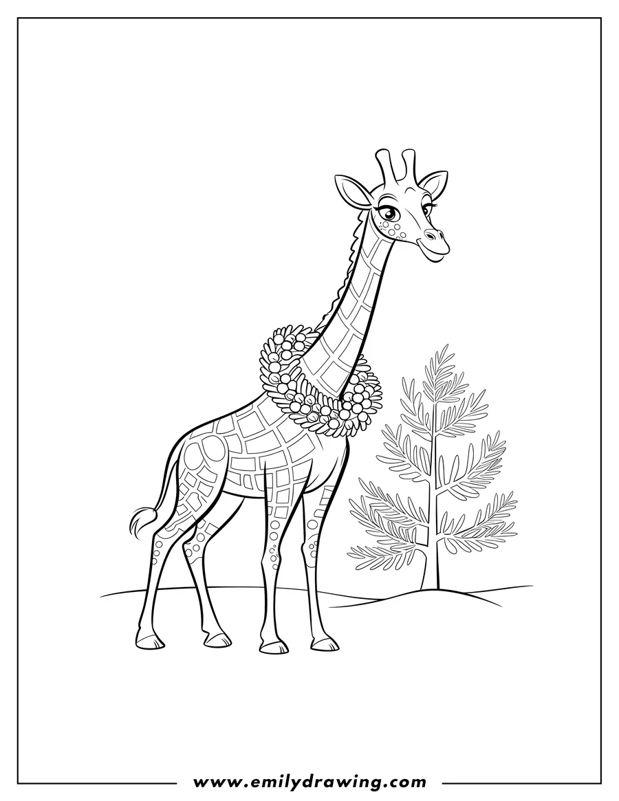 Line art of a giraffe wearing a wreath of berries around its neck, standing near a small tree.