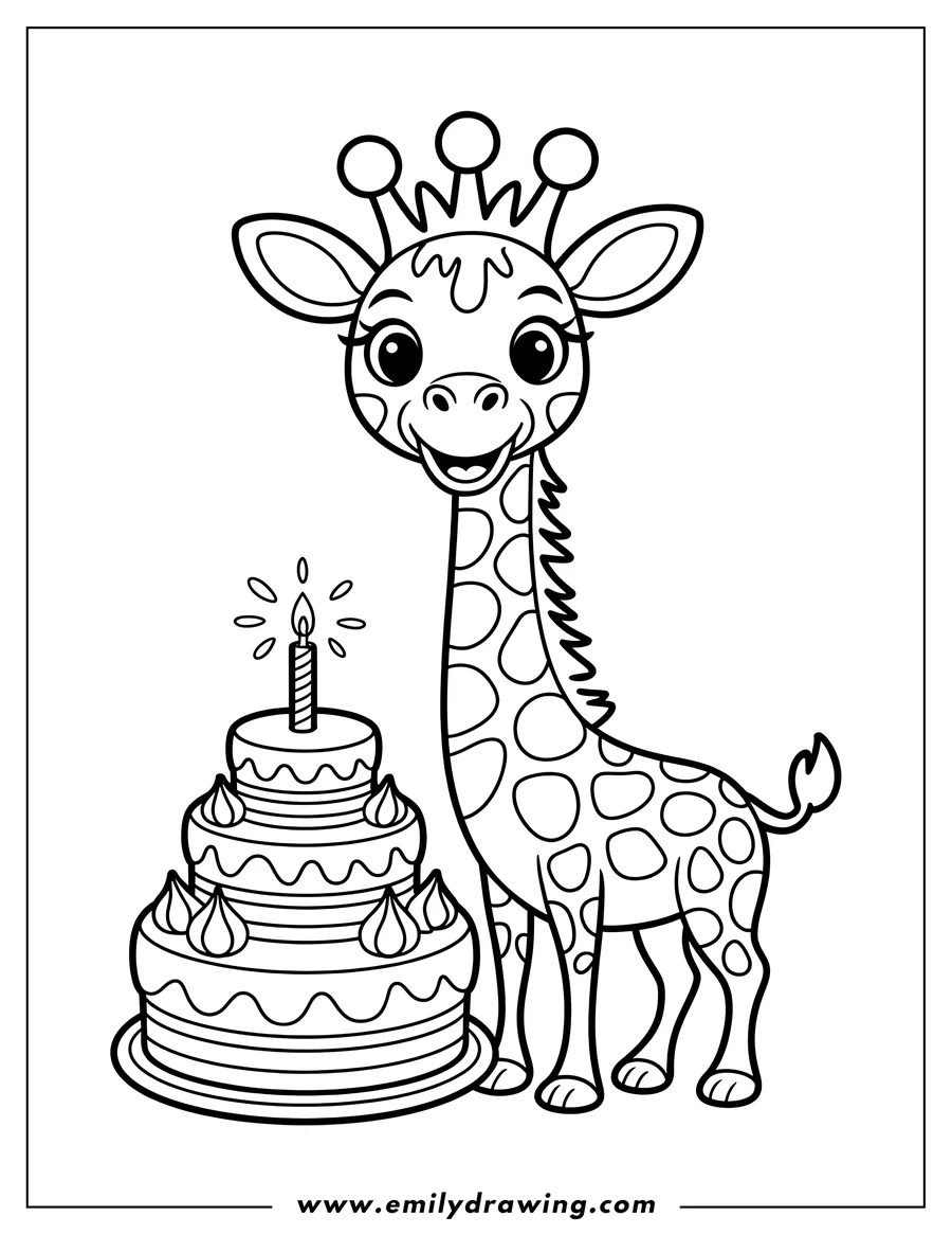 Outline of a giraffe wearing a crown standing next to a two-tiered birthday cake with a single lit candle.