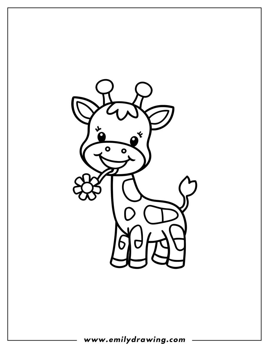 Line art of a giraffe holding a flower in its mouth.