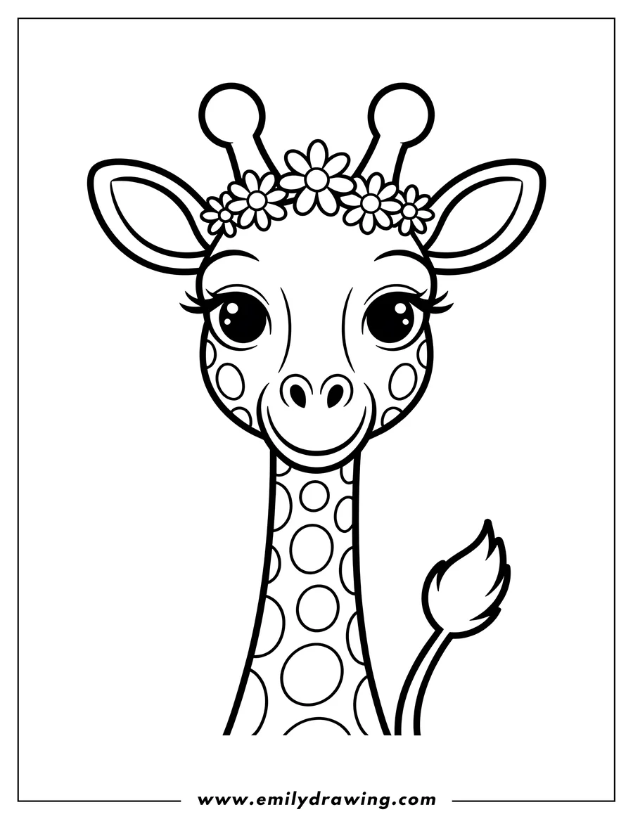 Outline of a giraffe wearing a crown of daisies.
