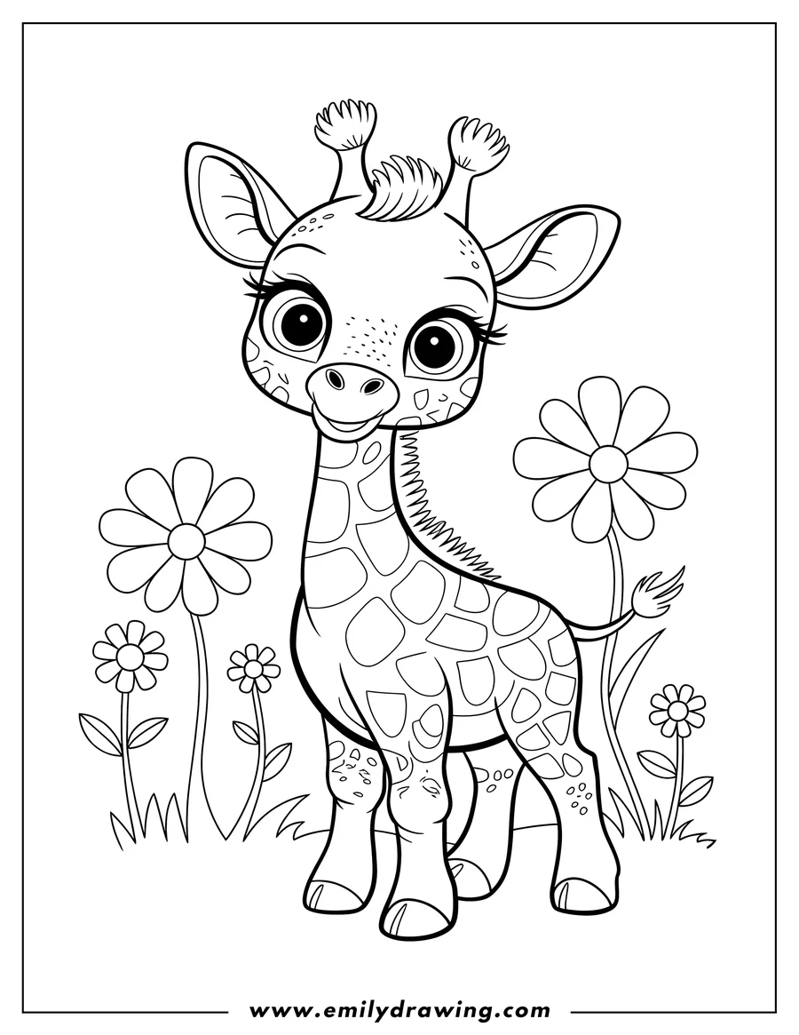 Outline of a cheerful young giraffe with flowers around it