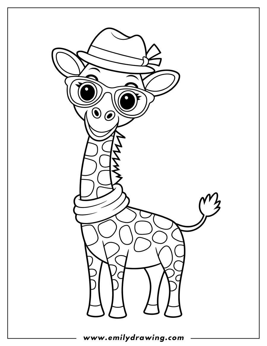 Outline of a giraffe wearing a fedora hat, large round glasses, and a scarf. It has a smiling face and distinct giraffe spots.