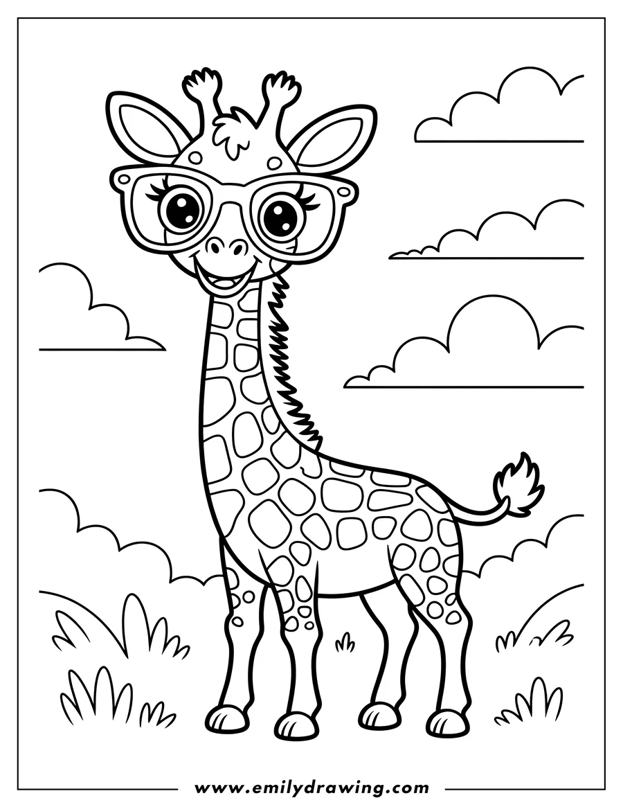Outline of a giraffe wearing glasses, standing in a grassy area with clouds in the background.