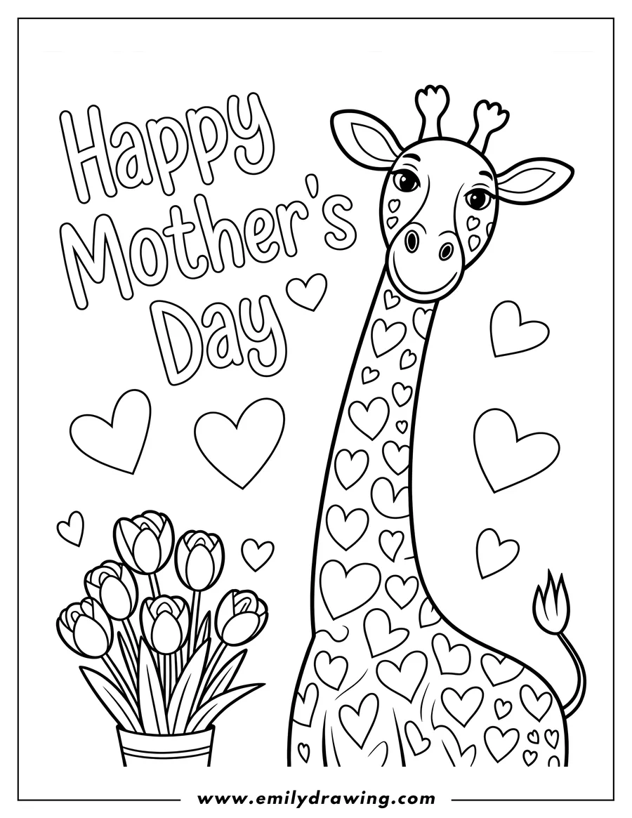 Outline of a giraffe covered in hearts, standing next to a pot of tulips, with