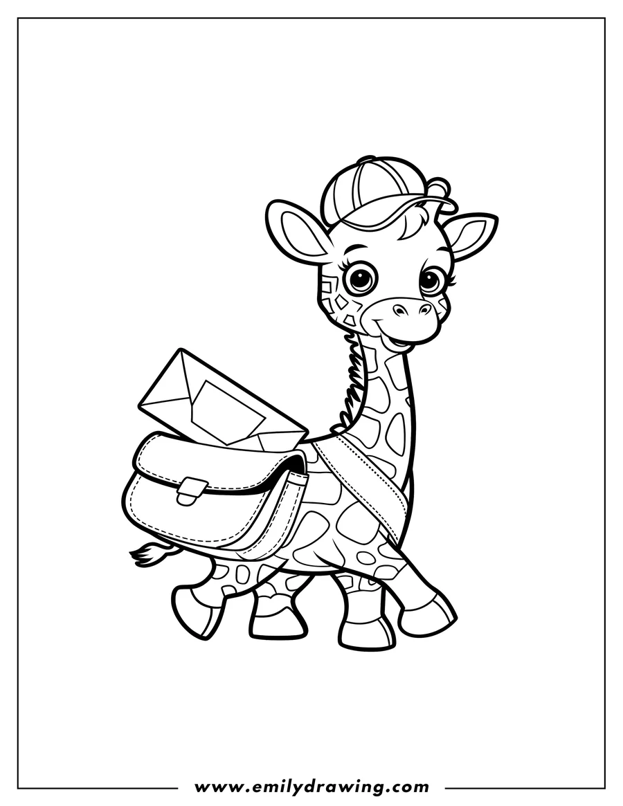 Outline of a cheerful giraffe wearing a cap and carrying a mailbag over its shoulder.