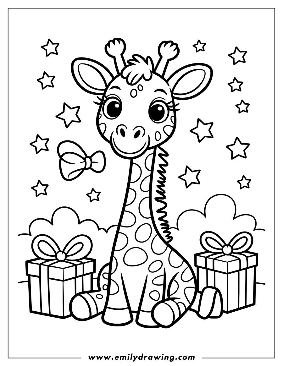 Outline of a baby giraffe sitting with two presents, a bow, stars, and clouds.