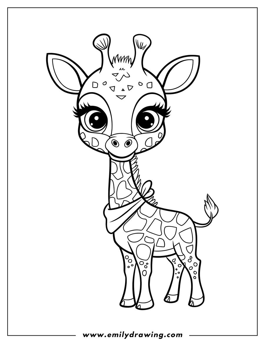 Outline of a young giraffe wearing a scarf around its neck. It has large eyes with long eyelashes, and its coat is marked with various shapes and spots.