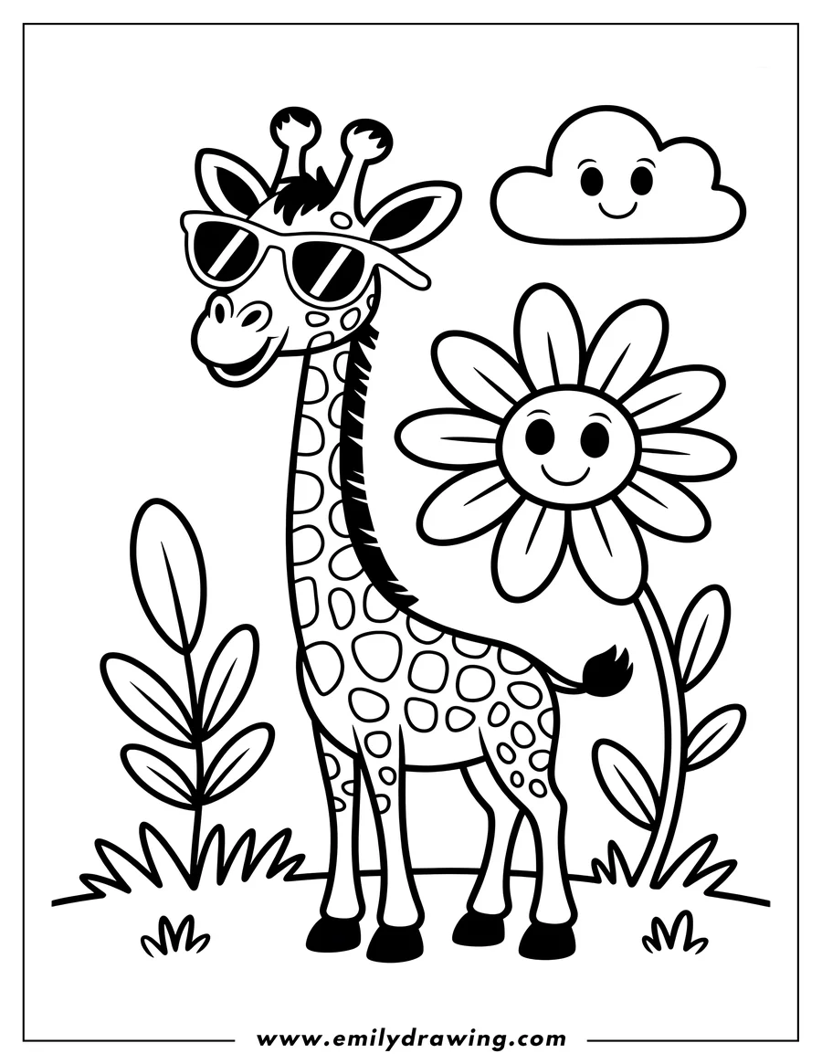 Line art of a giraffe wearing sunglasses standing near a smiling flower. A smiling cloud floats in the background.