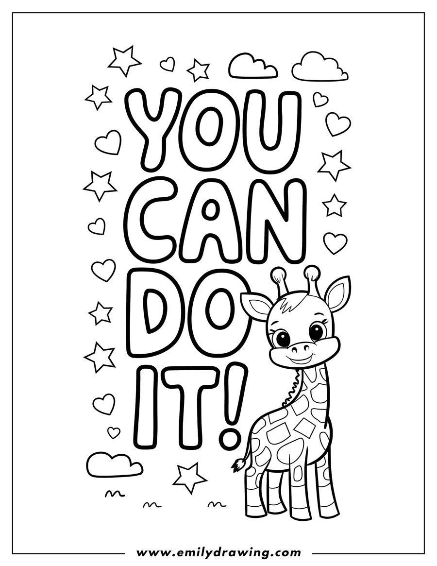 Line art of a baby giraffe standing near the motivational slogan 'You Can Do It', surrounded by stars, hearts, and clouds.