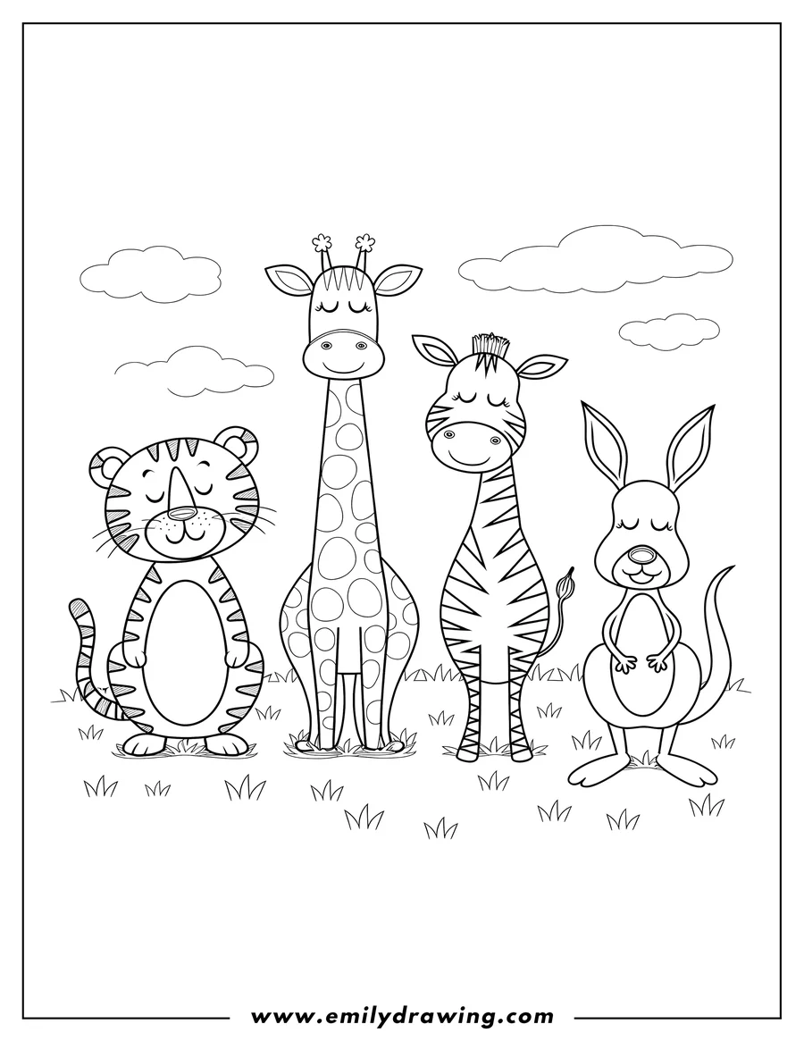 Line art of a giraffe, zebra, tiger, and kangaroo standing in a field under some clouds.