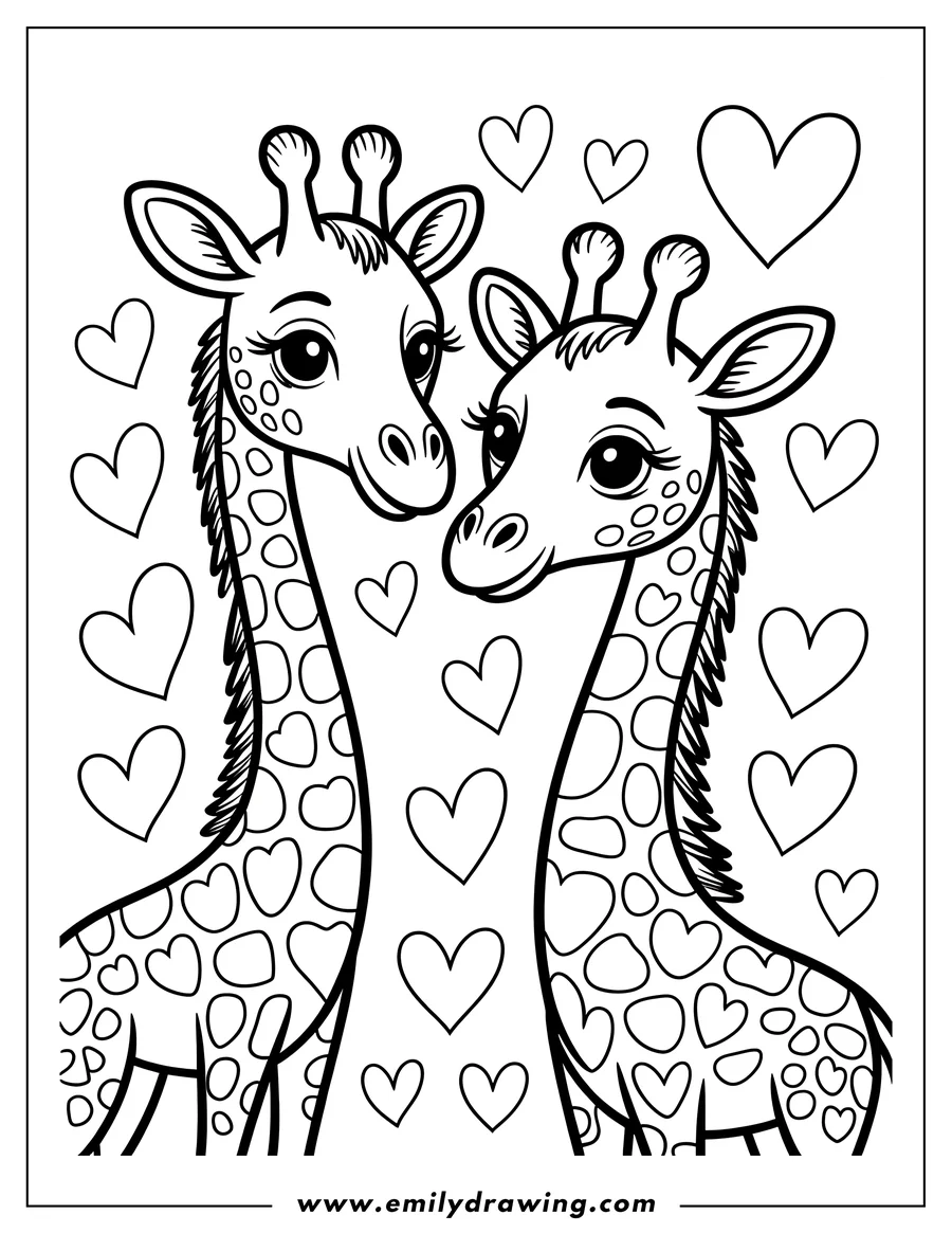 Two giraffes with heart-shaped spots surrounded by hearts. Perfect for Valentine's Day or any day you want to color love.