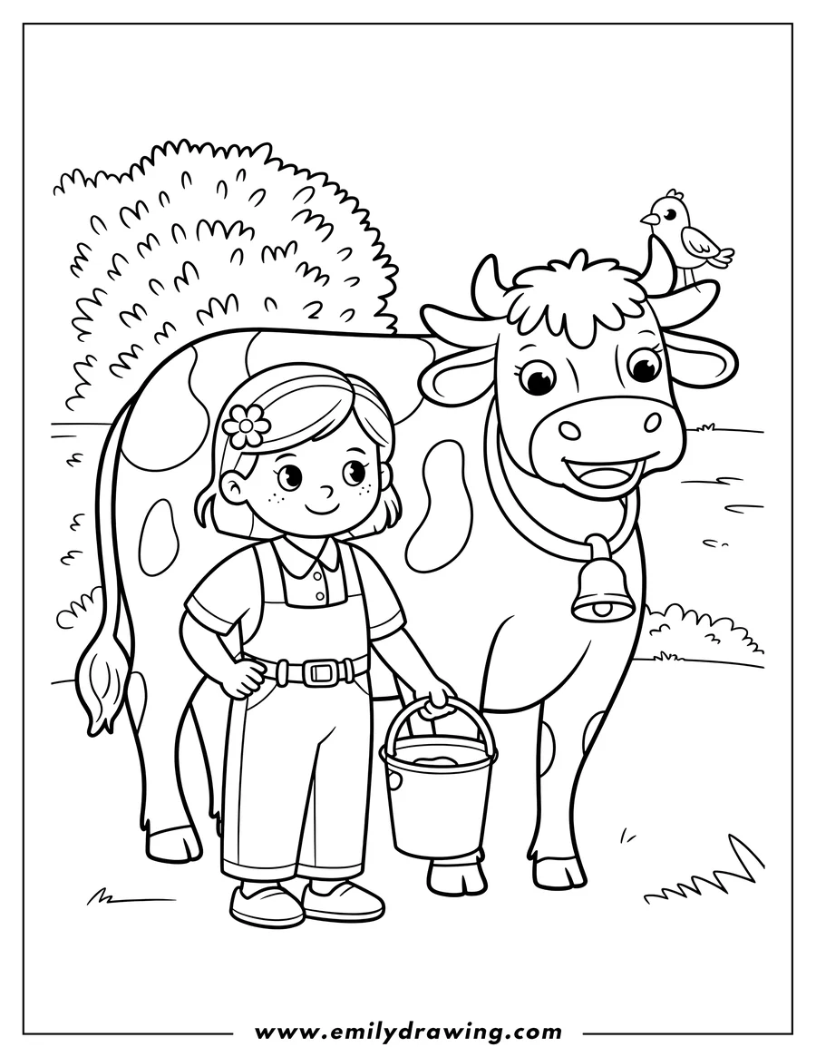 Line art of a girl with a bucket standing next to a cow with a bell around its neck. A small bird sits on the cow's back. There's a bush in the background.