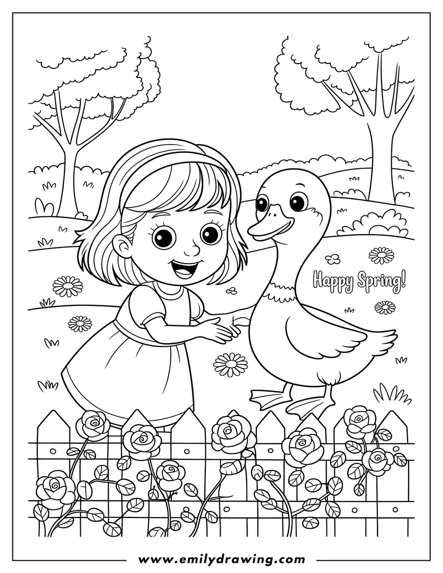 Line art of a girl and a duck standing by a rose-covered fence in a garden.