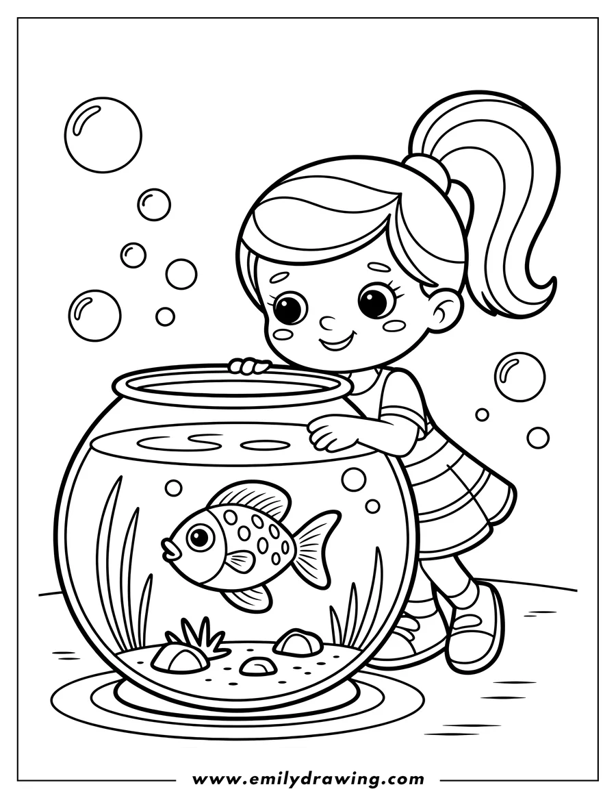 Outline of a girl looking at a fish in a fishbowl. There are bubbles floating around her head and rocks and seaweed inside the bowl.