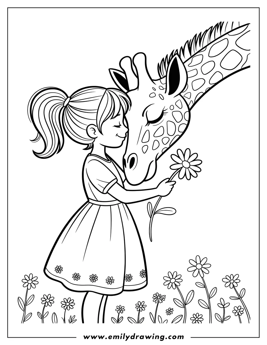 Outline of a girl with a ponytail offering a daisy to a friendly giraffe in a field of flowers.