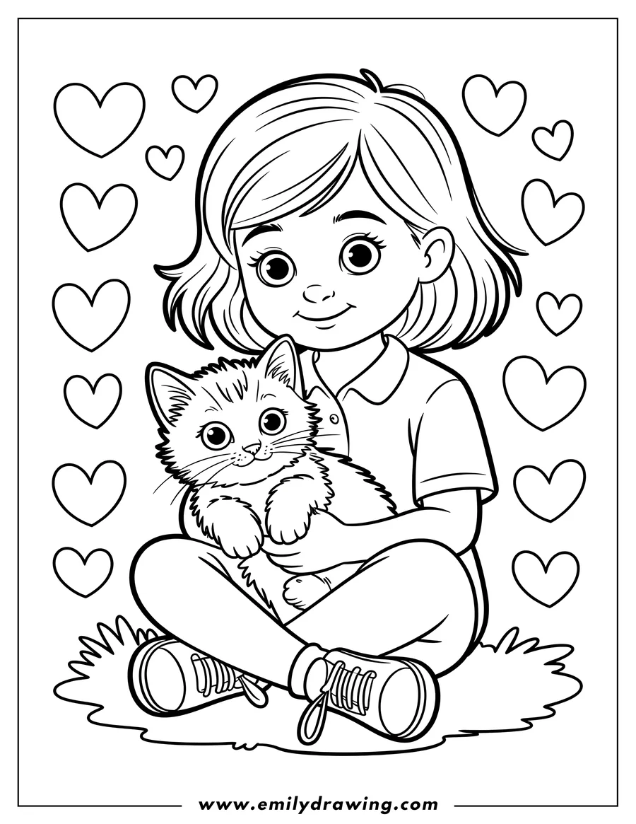 Outline of a girl holding a kitten in her lap, surrounded by floating hearts.