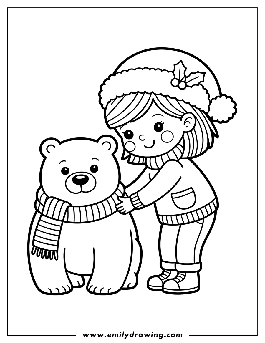 Line art of a girl wearing a Santa hat and winter clothes putting a striped scarf on a polar bear.