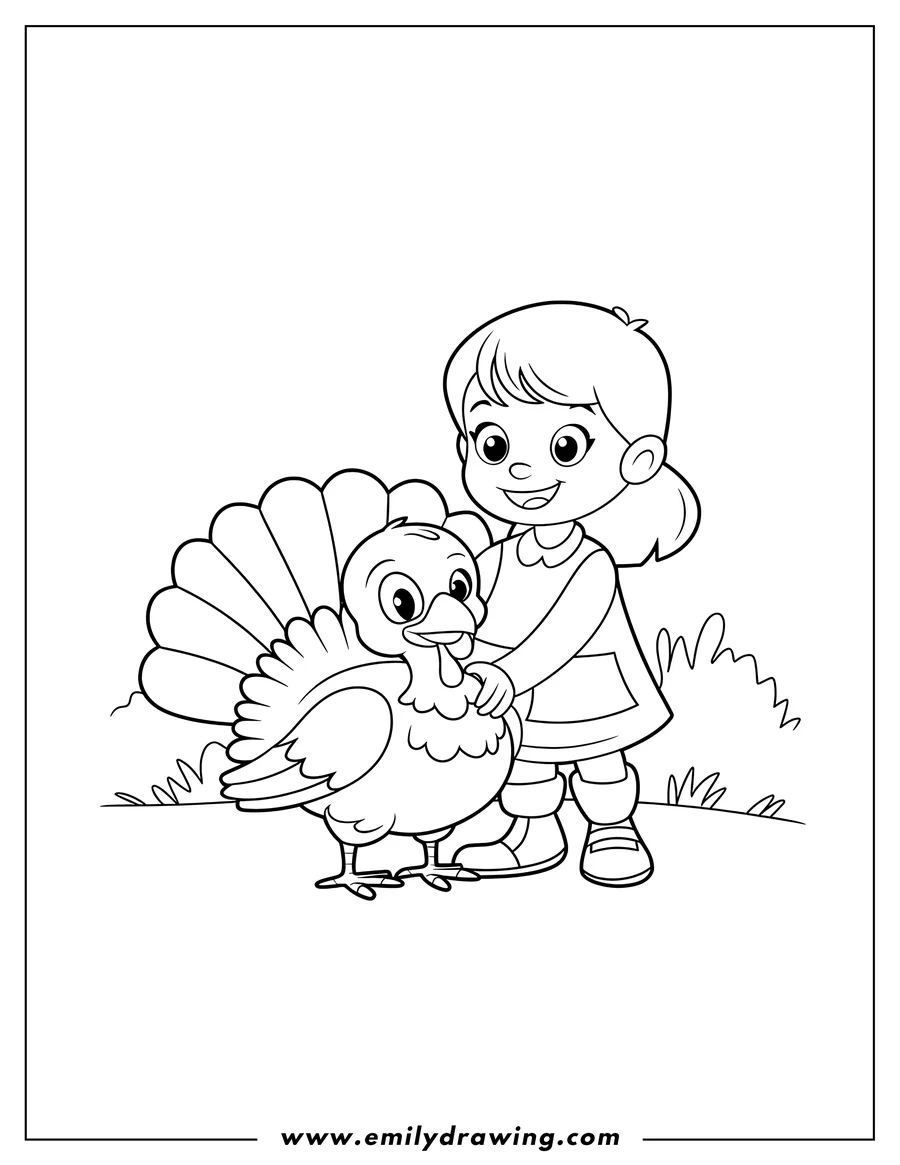 Line art of a girl petting a turkey.