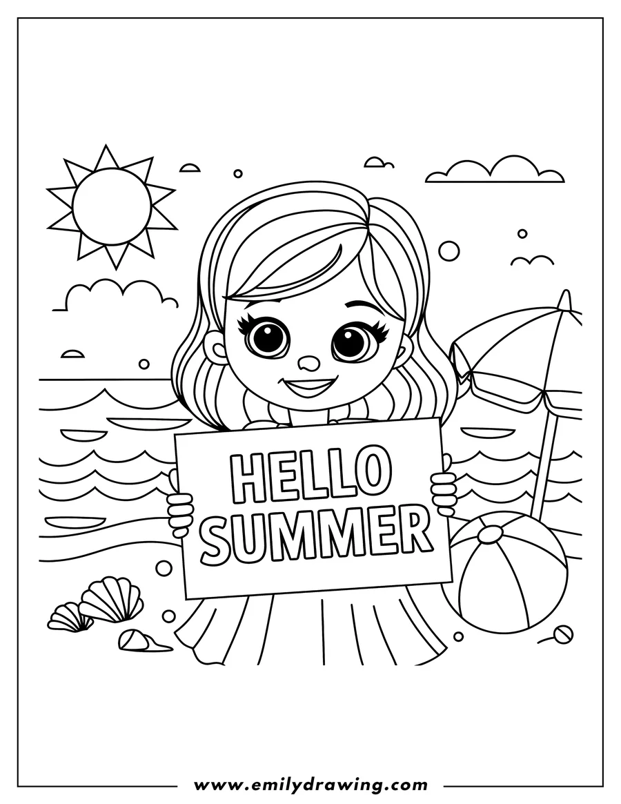 Line art of a girl at the beach holding a sign that says HELLO SUMMER. There's a beach umbrella, beach ball, seashells, and the ocean in the background.