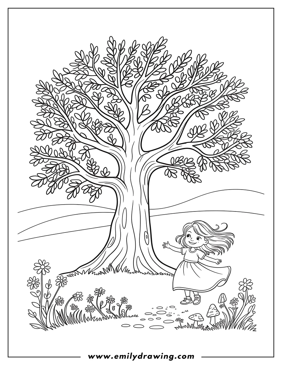 Line art of a girl with long, flowing hair, twirling joyfully near a large, leafy tree. Small flowers and mushrooms dot the grassy area around her feet.