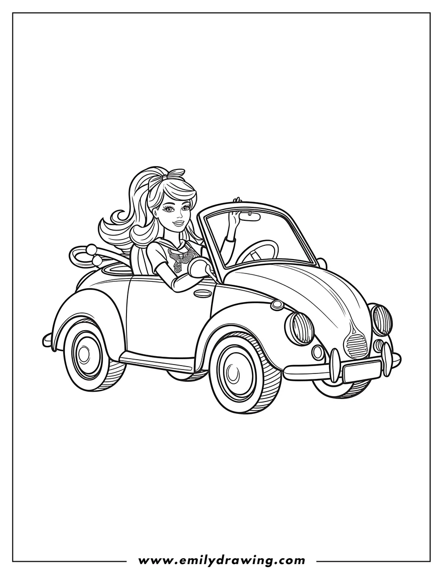 Outline of a girl driving a vintage-style convertible car, waving one hand.