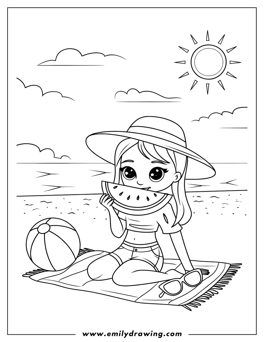 Line art of a girl sitting on a beach towel, eating a slice of watermelon. She's wearing a sun hat and sunglasses are beside her. A beach ball sits on the towel and the ocean is in the background.