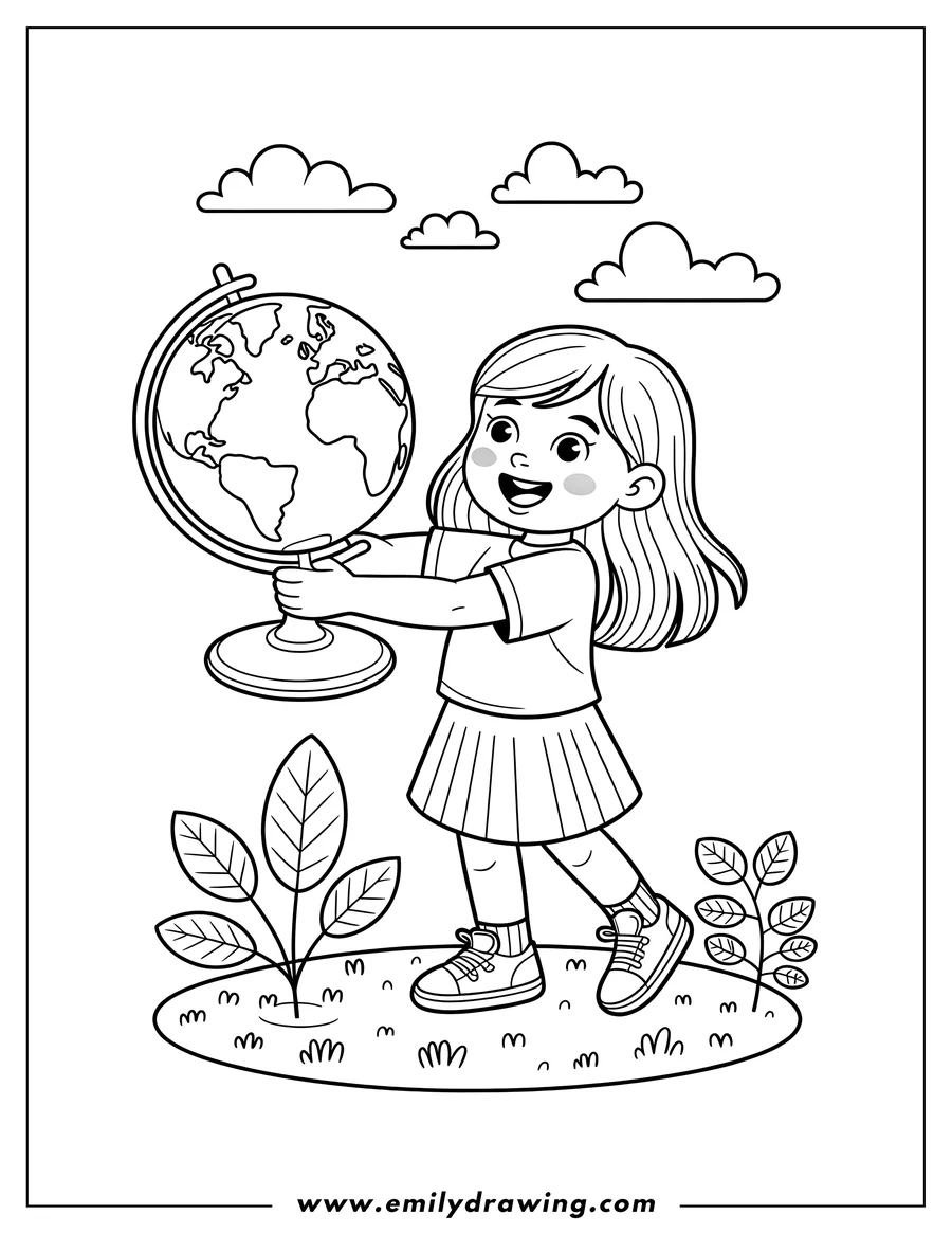 Line art of a girl holding a globe with both hands. She is smiling, wearing a skirt, and standing outside near some small plants. This is an educational Earth Day printable.