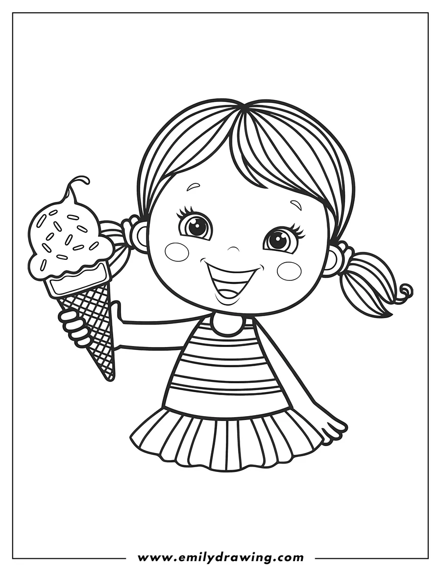 Outline of a happy girl holding an ice cream cone with sprinkles.