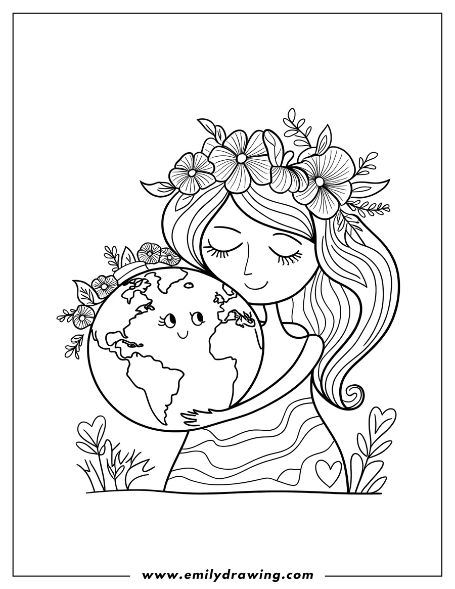 Line art of a girl with a flower crown hugging the Earth. Small flowers and hearts decorate the scene.