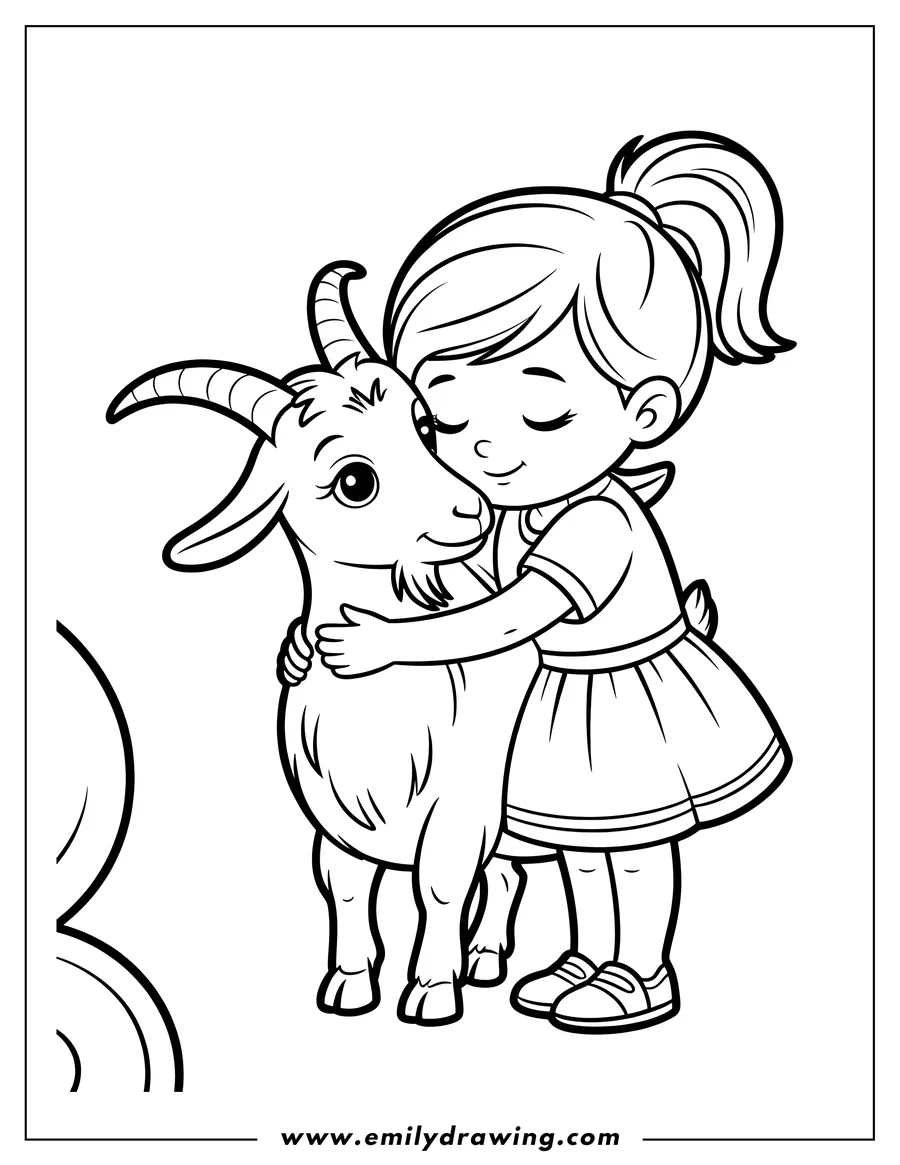 Outline of a young girl with a ponytail hugging a goat.