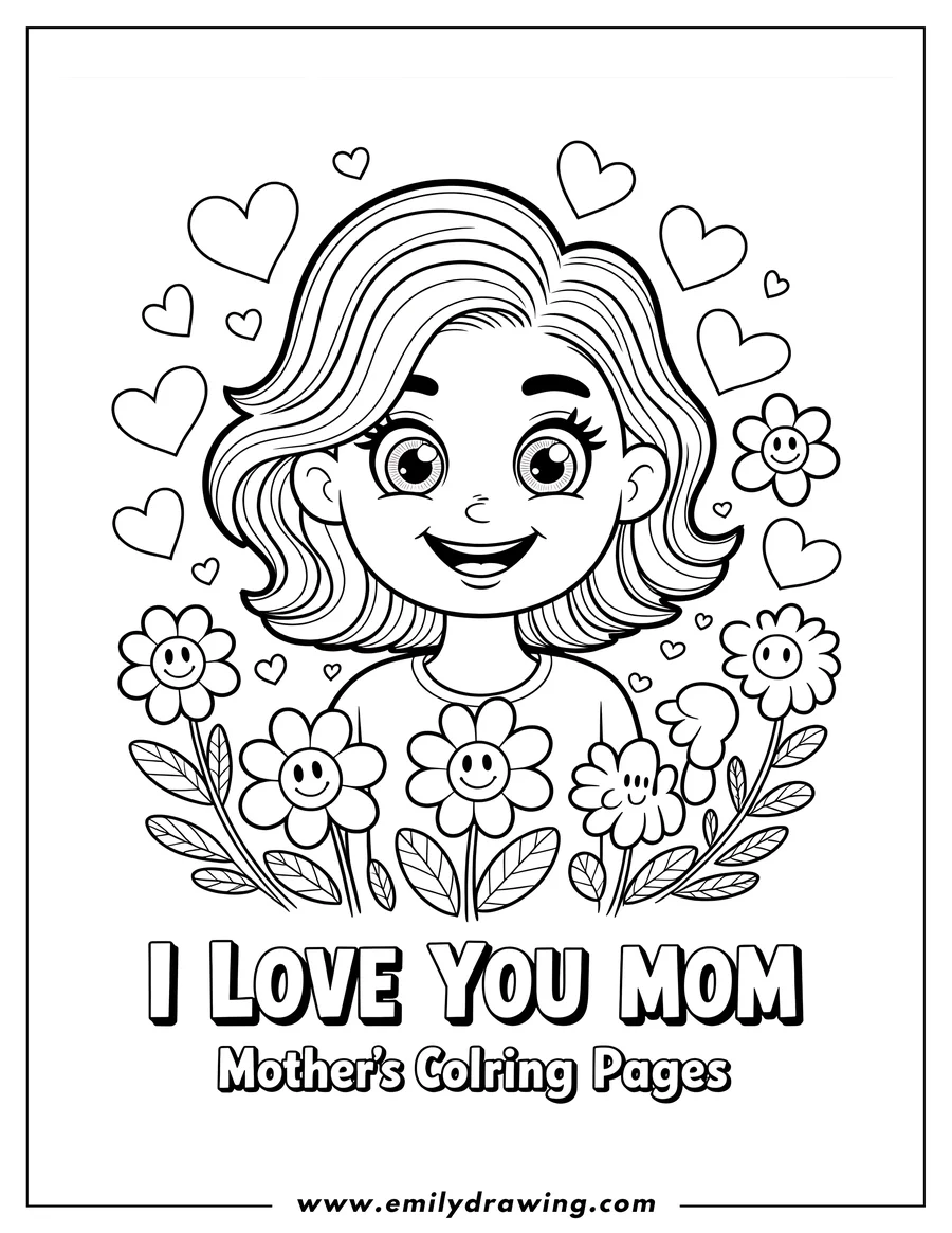 Line art of a girl surrounded by smiling flowers with the message 'I Love You Mom'. A Mother's Day coloring page.