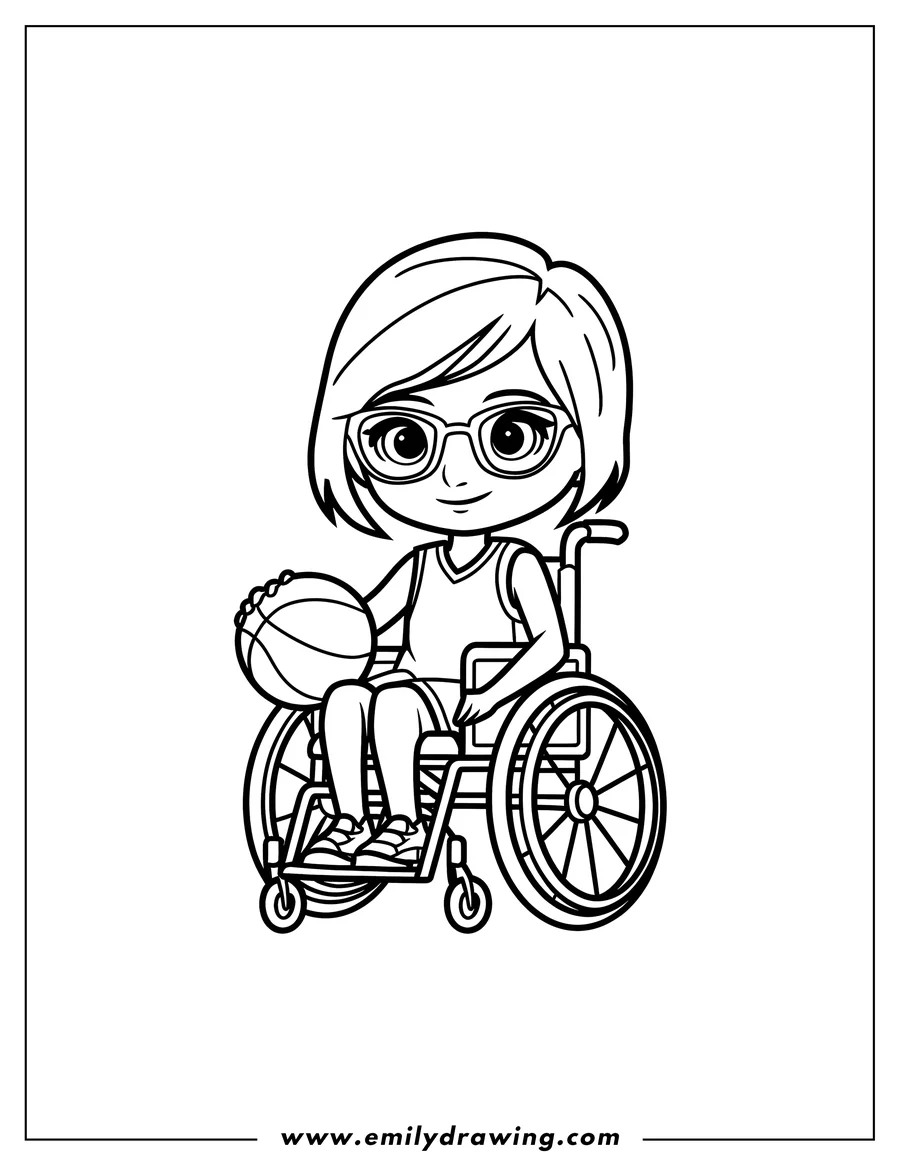 Line art of a girl in a wheelchair holding a basketball, ready to play. She's wearing glasses, a jersey, and sneakers.